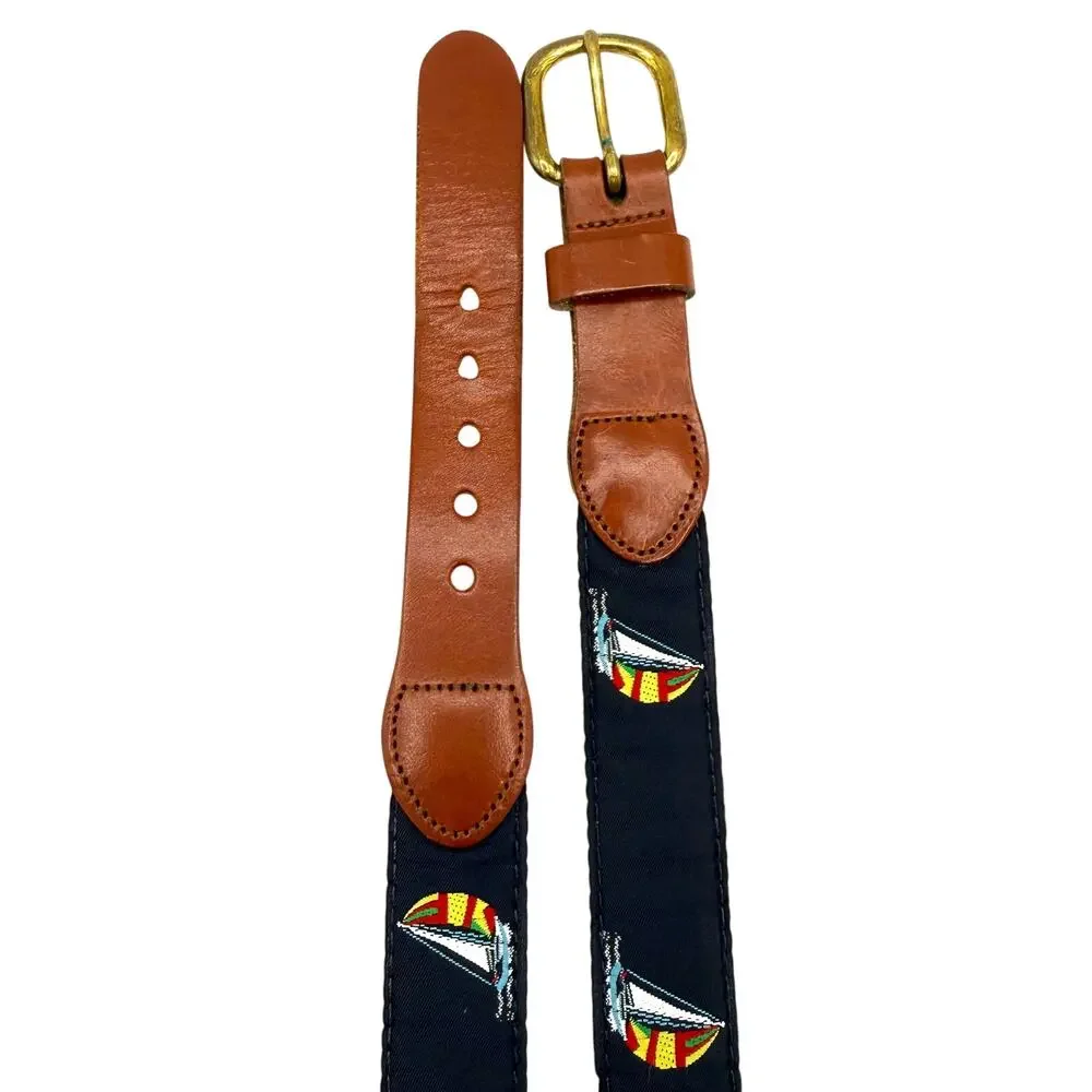 Vintage Preppy Sailboat Embroidered Leather Brass BuckleHandmade CT USA Sz.‎ 36